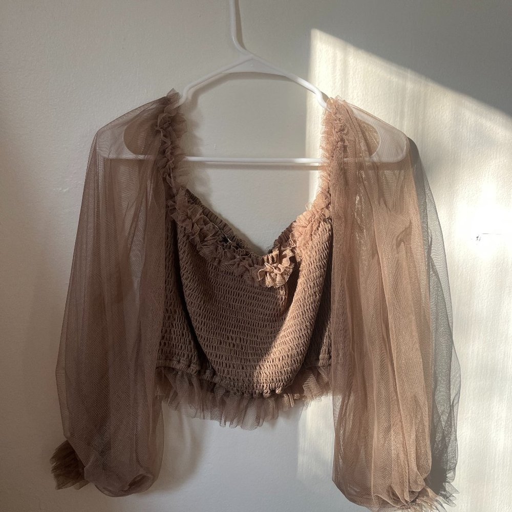 Taupe Colored Off The Shoulder Tulle Shirt